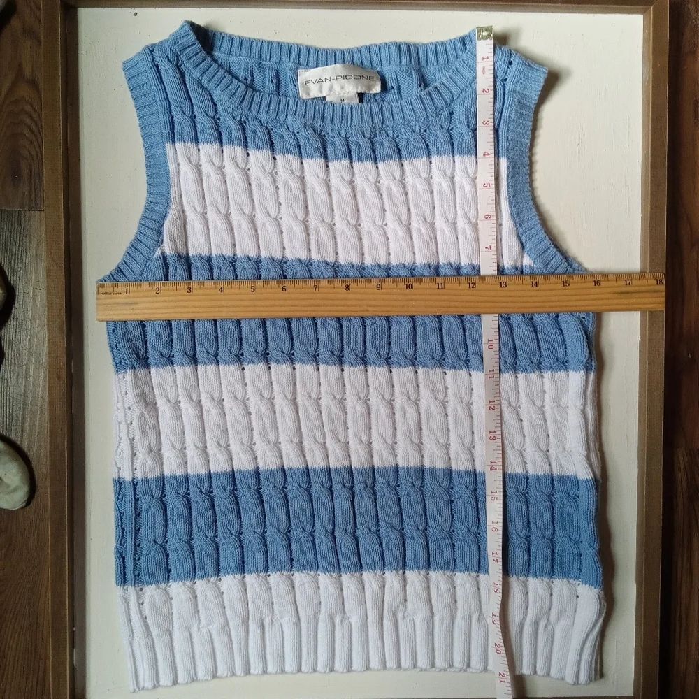 Evan-Picone Blue White Striped Knit Sleeveless Sweater Tennis Size Medium Cotton